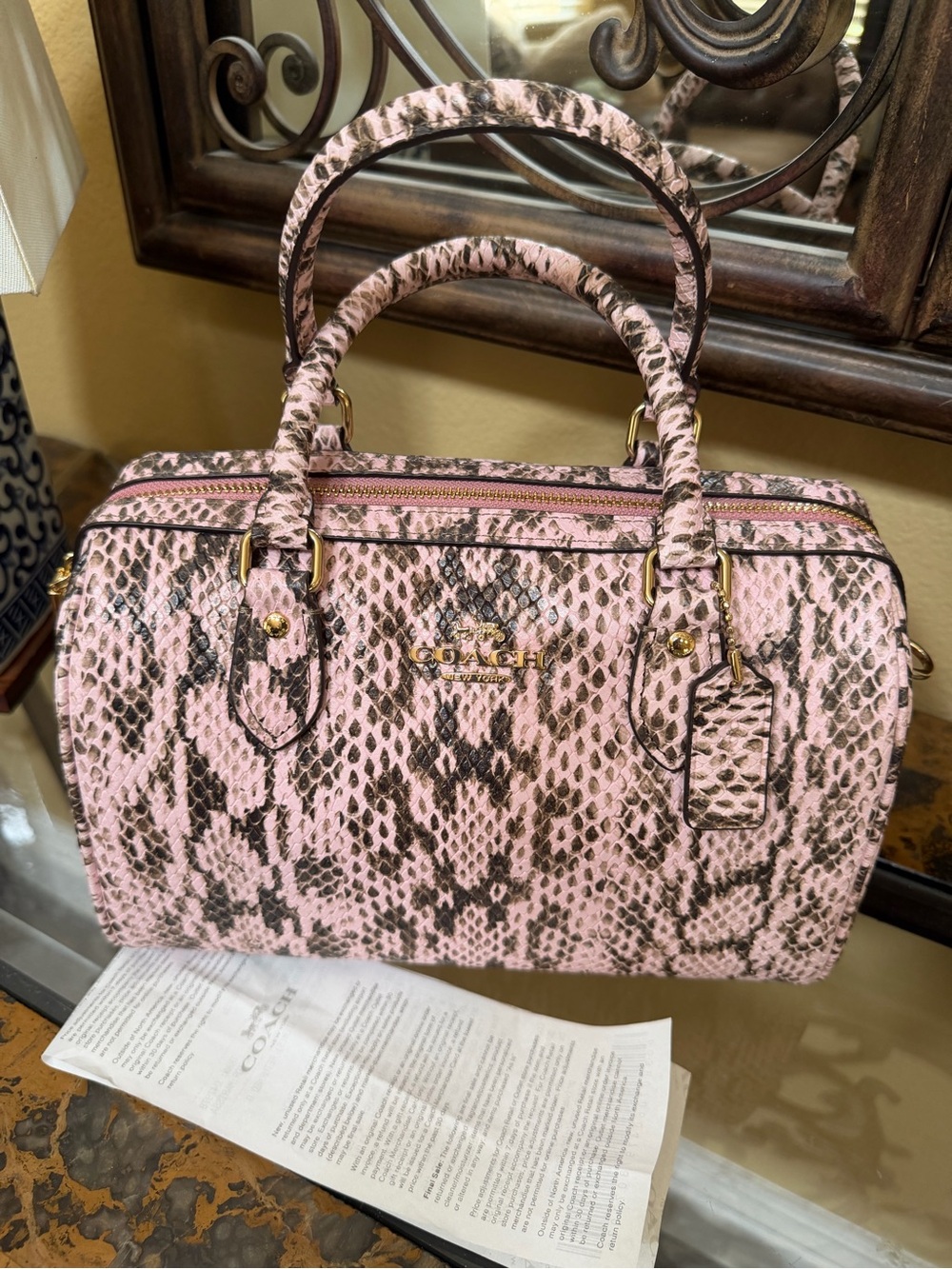 Coach Pink Snake-Print Rowan Medium Satchel with Gold Hardware